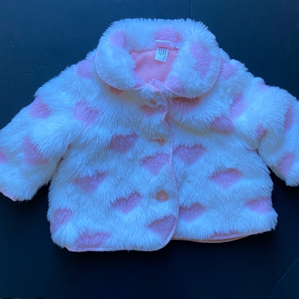 Baby Retro Cuddle Bear Faux Fur pink/white heart coat - 18mo